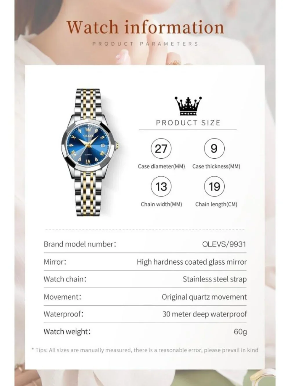 Women's Blue Gold Silver Diamond Analog Stainless Steel Waterproof Wrist Watch